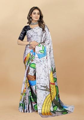 Golden Digital Print Japan Satin Saree Set