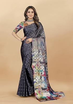 Golden Digital Print Japan Satin Saree Set