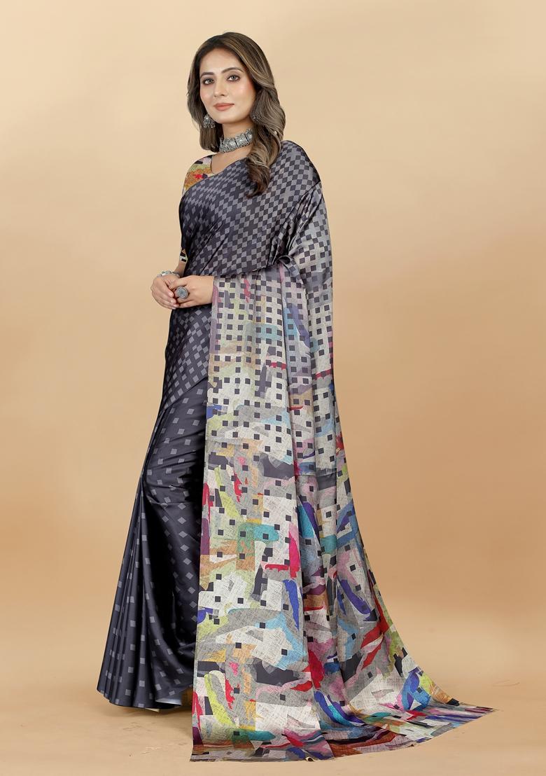 Golden Digital Print Japan Satin Saree Set