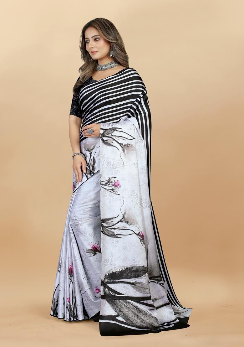 Golden Digital Print Japan Satin Saree Set