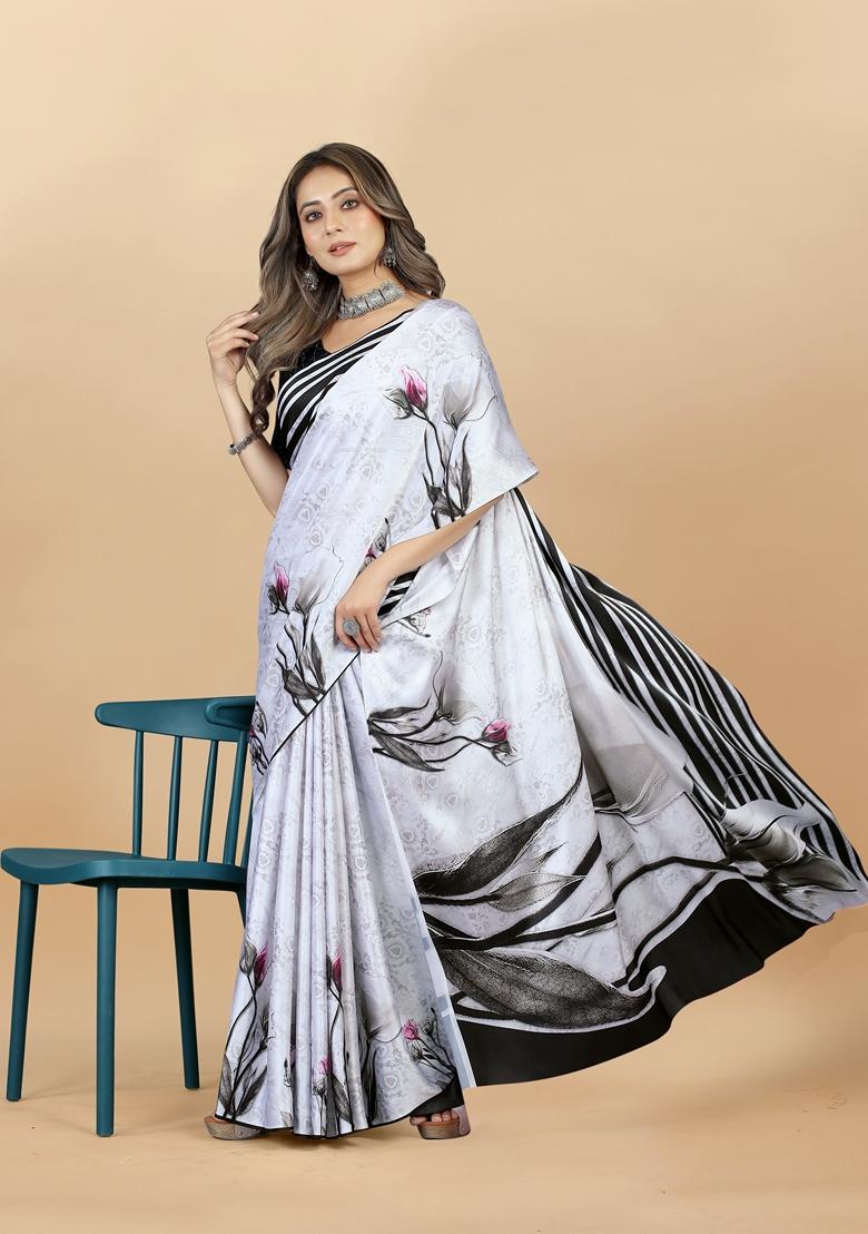 Golden Digital Print Japan Satin Saree Set