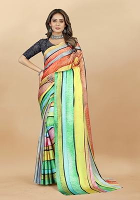 Golden Digital Print Japan Satin Saree Set