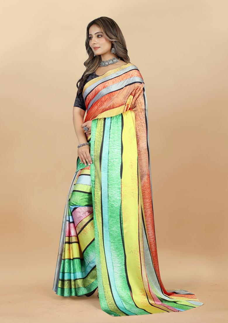 Golden Digital Print Japan Satin Saree Set