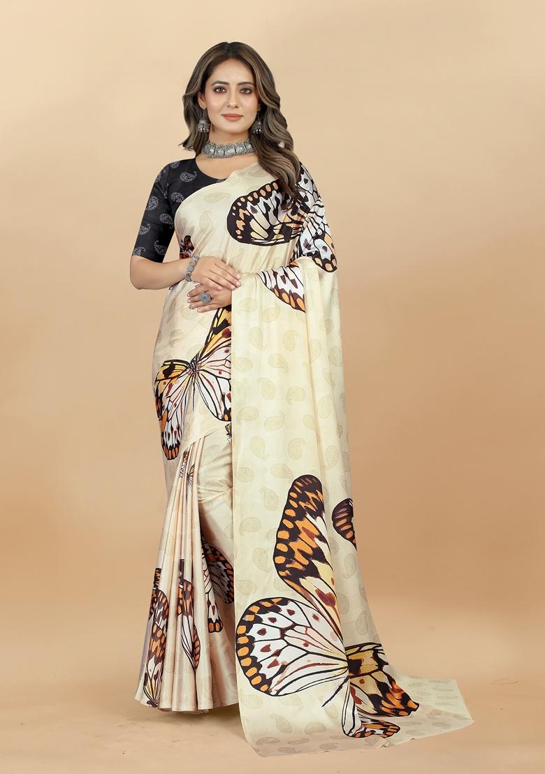 Golden Digital Print Japan Satin Saree Set