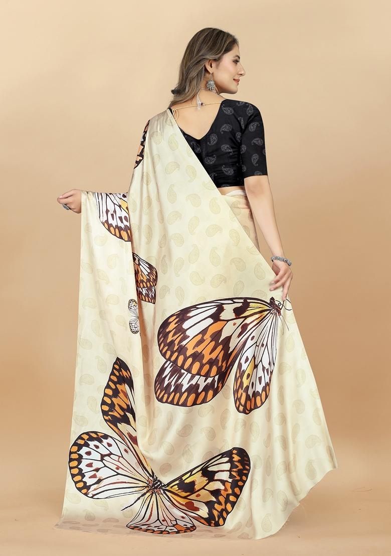 Golden Digital Print Japan Satin Saree Set