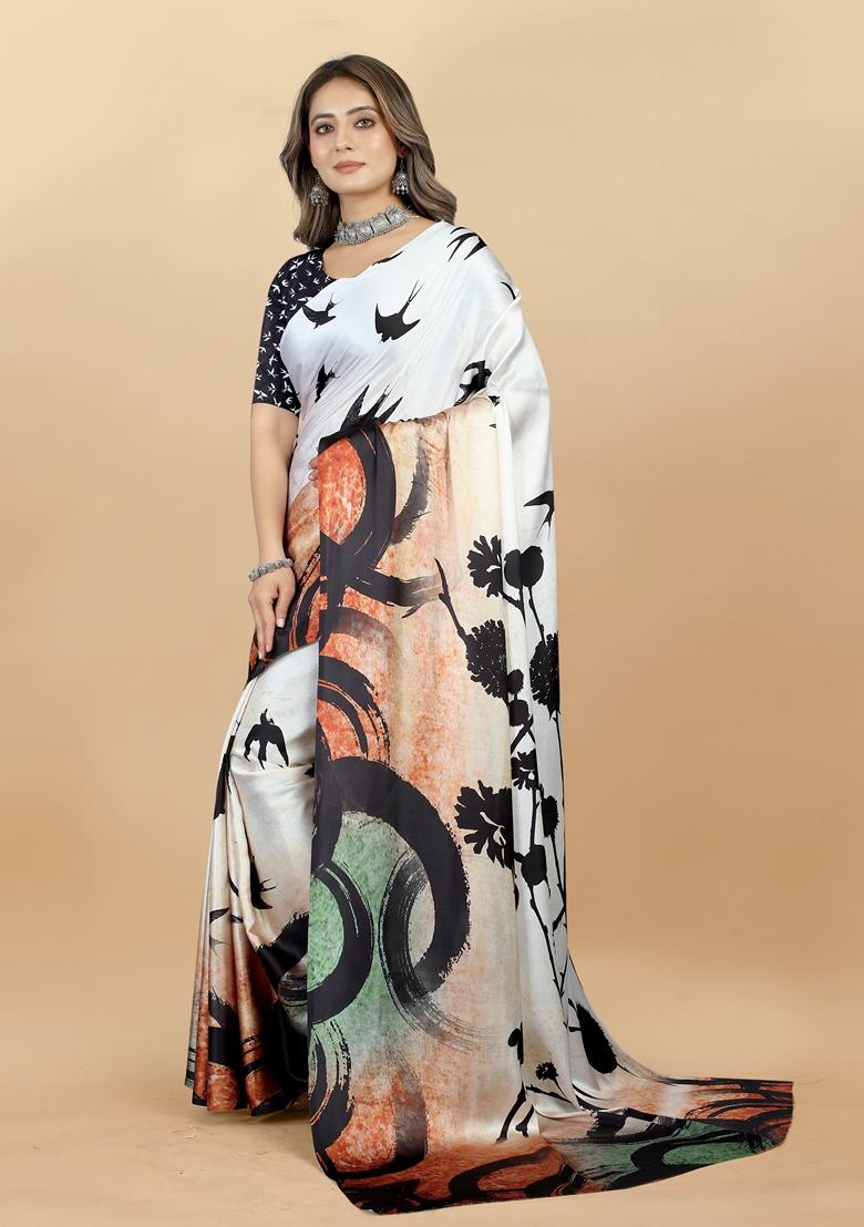 Golden Digital Print Japan Satin Saree Set