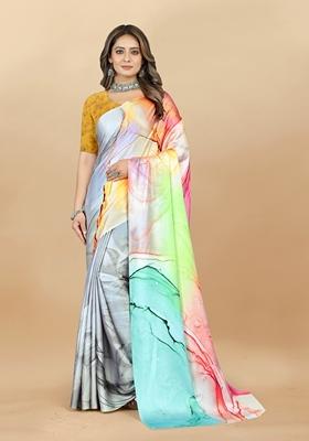 Golden Digital Print Japan Satin Saree Set
