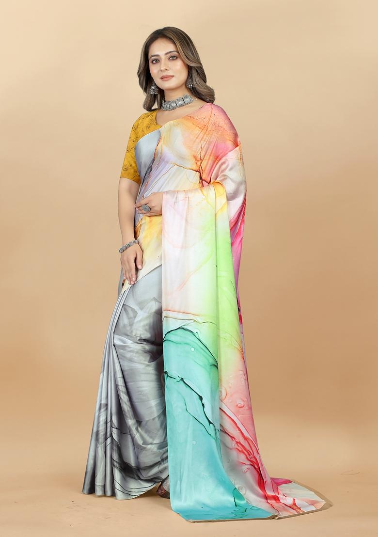 Golden Digital Print Japan Satin Saree Set