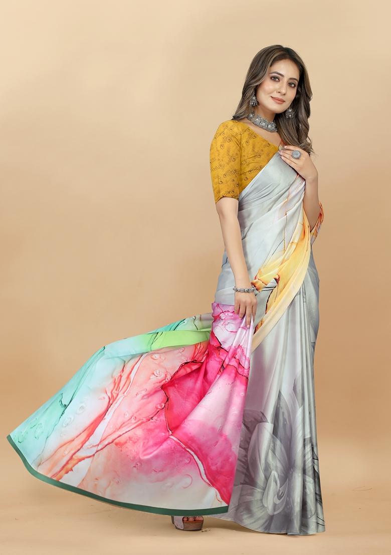 Golden Digital Print Japan Satin Saree Set