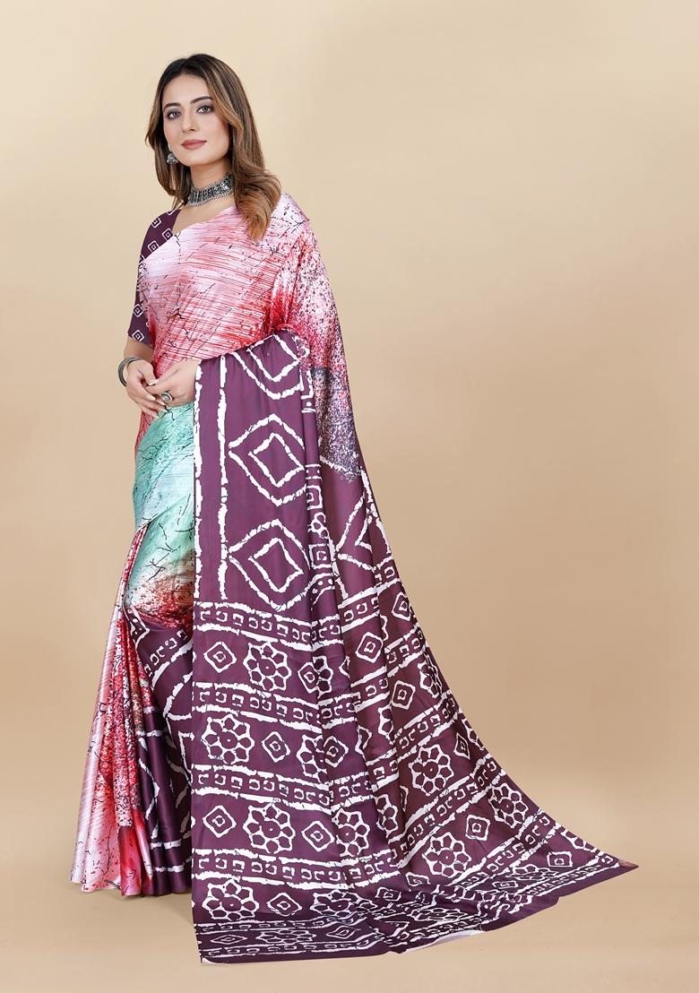 Golden Digital Print Japan Satin Saree Set