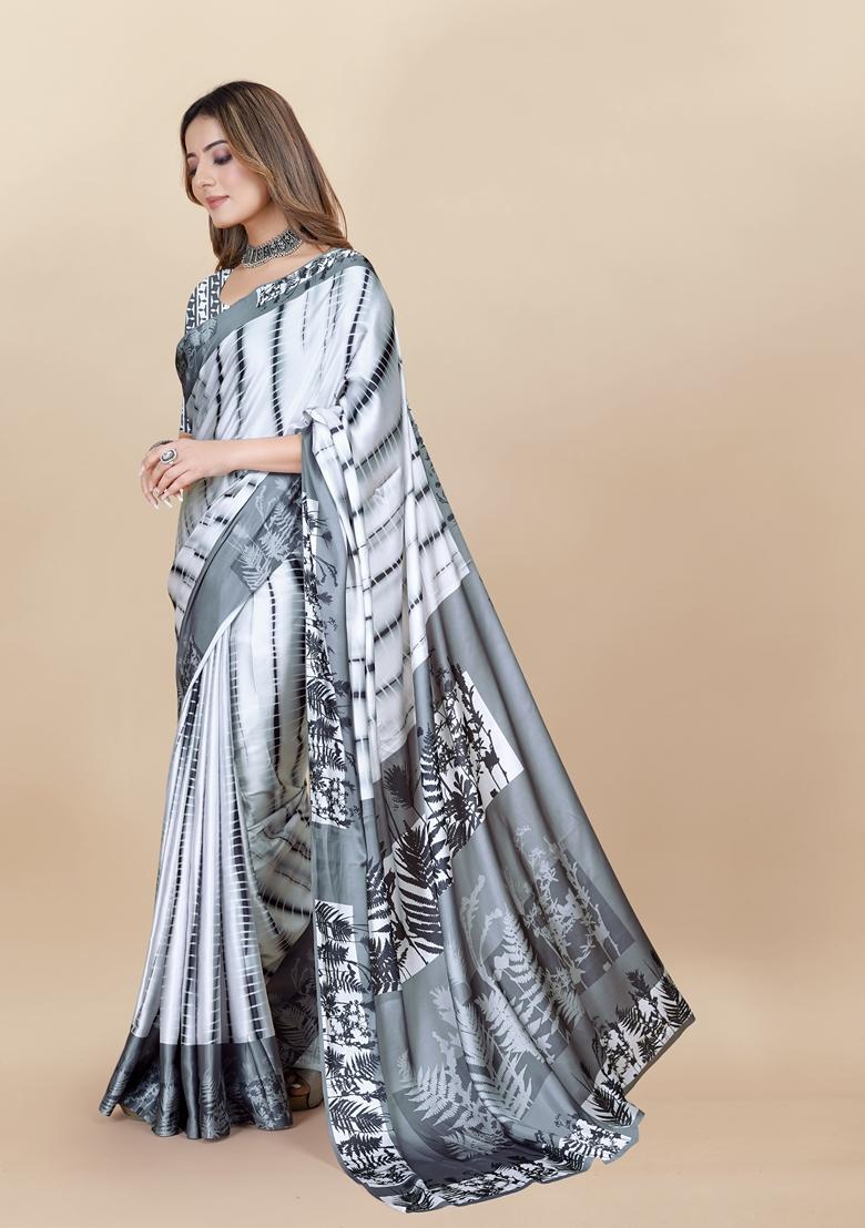 Golden Digital Print Japan Satin Saree Set