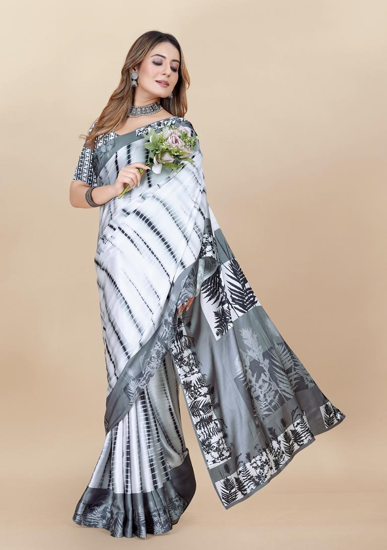 Golden Digital Print Japan Satin Saree Set