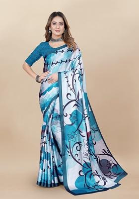 Golden Digital Print Japan Satin Saree Set