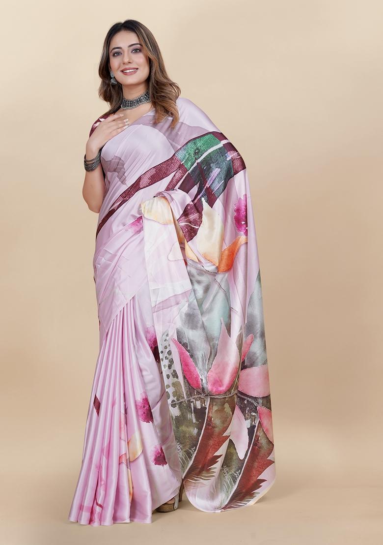 Golden Digital Print Japan Satin Saree Set