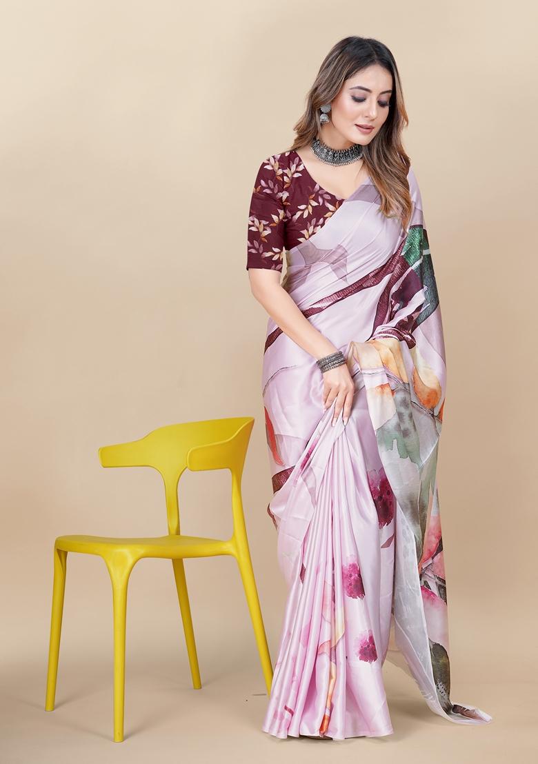 Golden Digital Print Japan Satin Saree Set