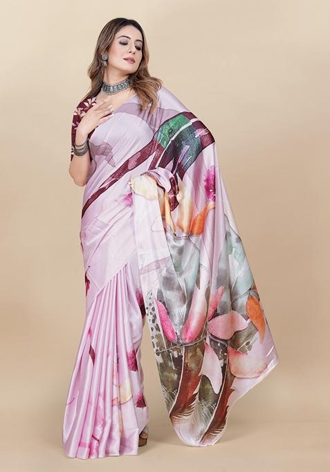 Golden Digital Print Japan Satin Saree Set