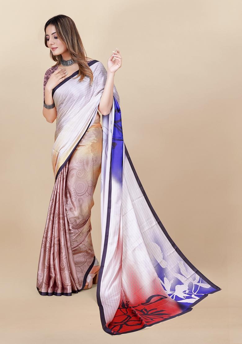 Golden Digital Print Japan Satin Saree Set
