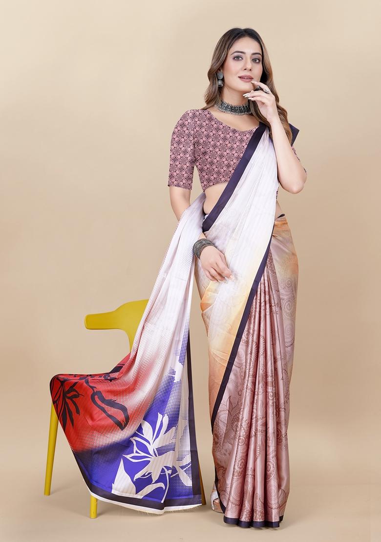 Golden Digital Print Japan Satin Saree Set