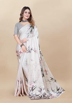 Golden Digital Print Japan Satin Saree Set