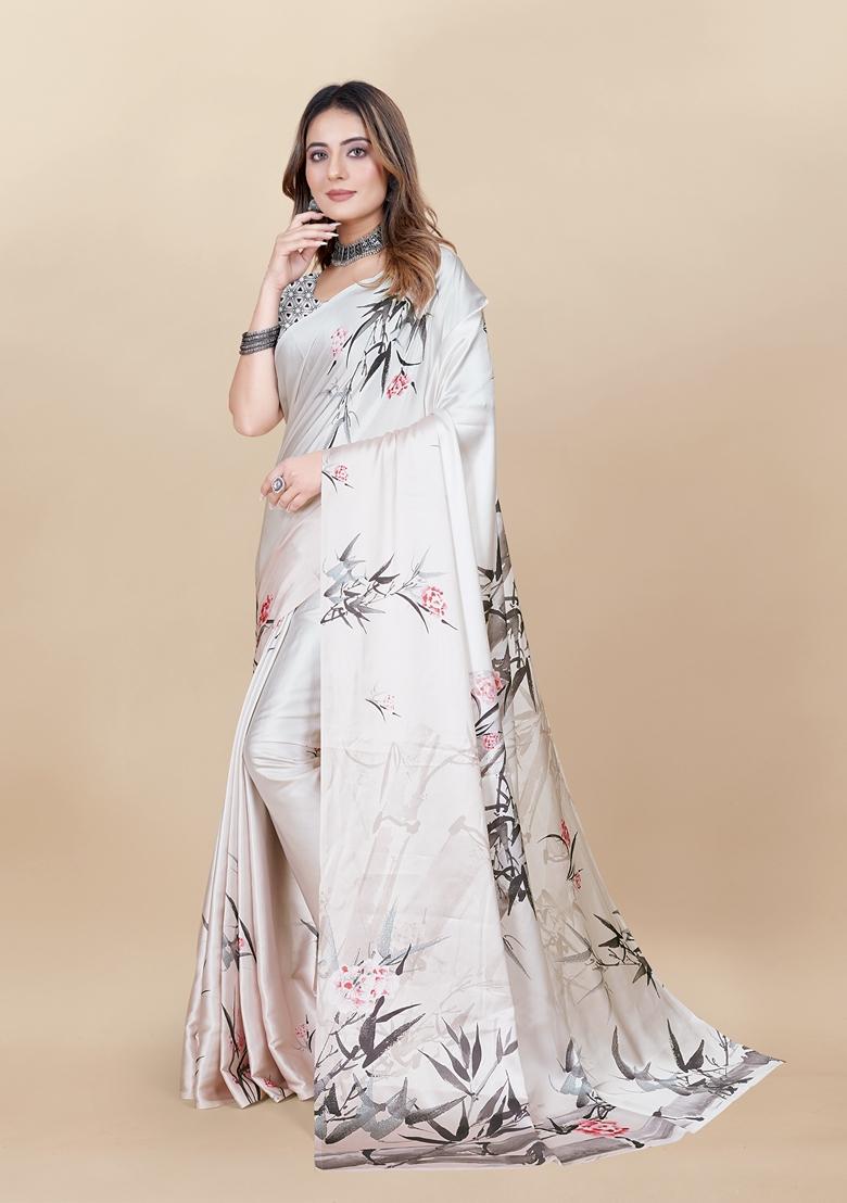 Golden Digital Print Japan Satin Saree Set