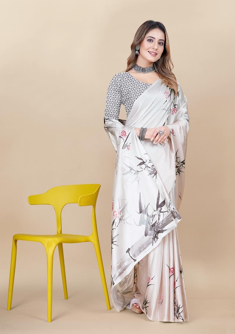 Golden Digital Print Japan Satin Saree Set