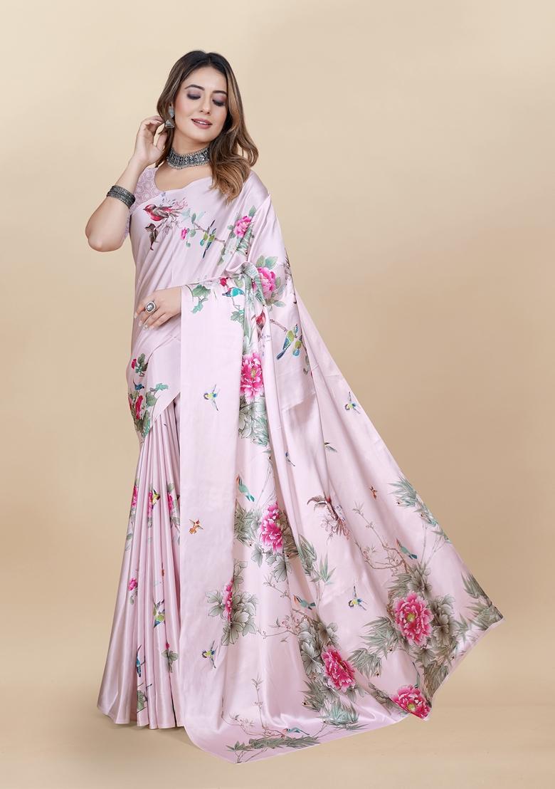 Golden Digital Print Japan Satin Saree Set