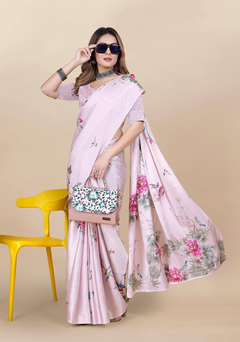 Golden Digital Print Japan Satin Saree Set