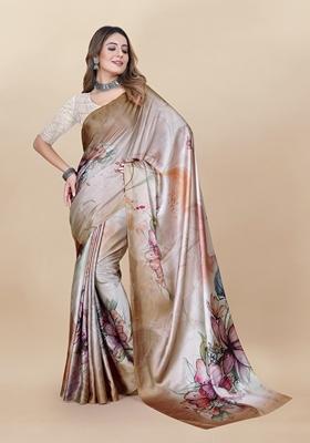 Golden Digital Print Japan Satin Saree Set