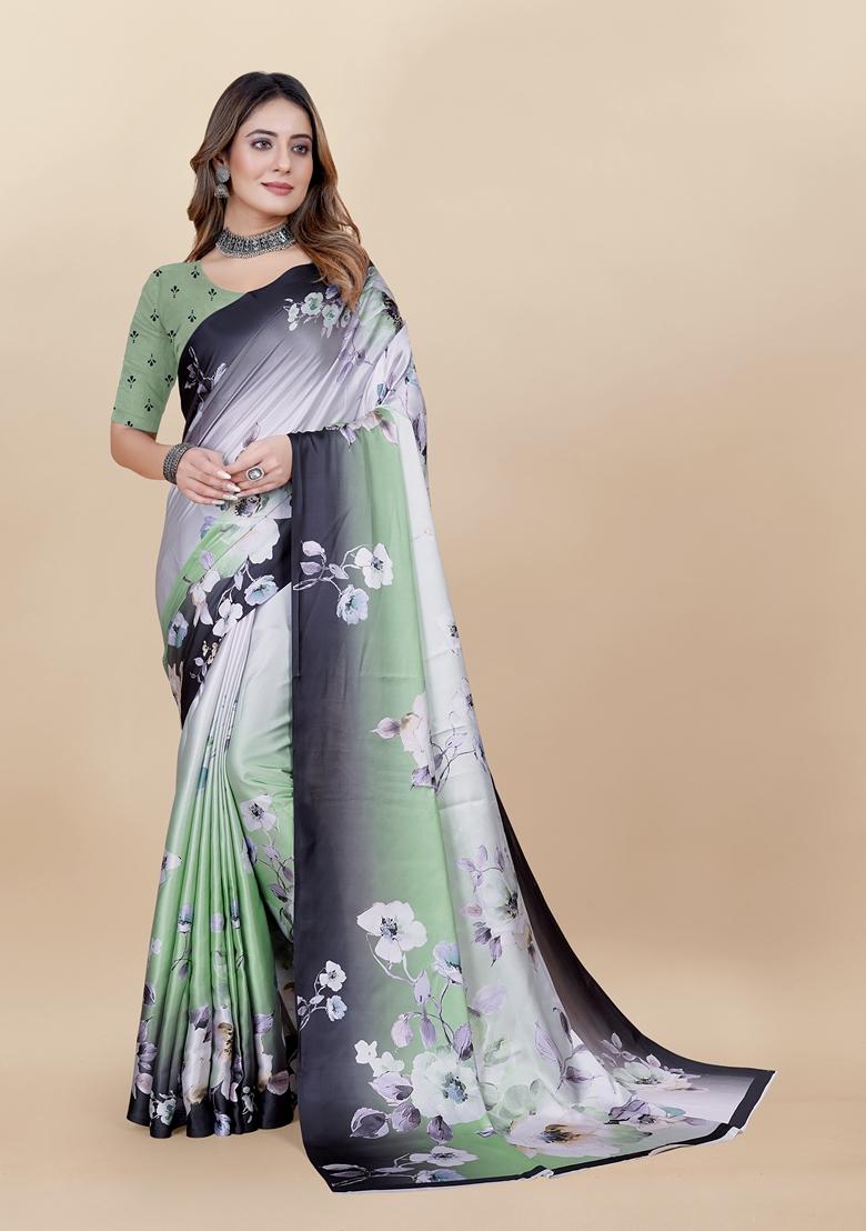 Golden Digital Print Japan Satin Saree Set