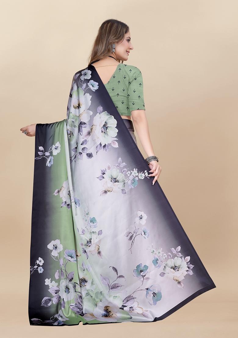 Golden Digital Print Japan Satin Saree Set