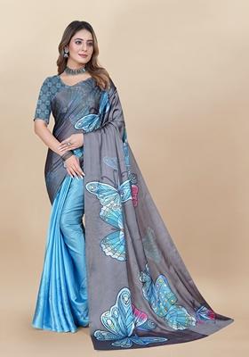 Golden Digital Print Japan Satin Saree Set