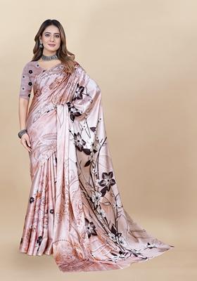 Golden Digital Print Japan Satin Saree Set