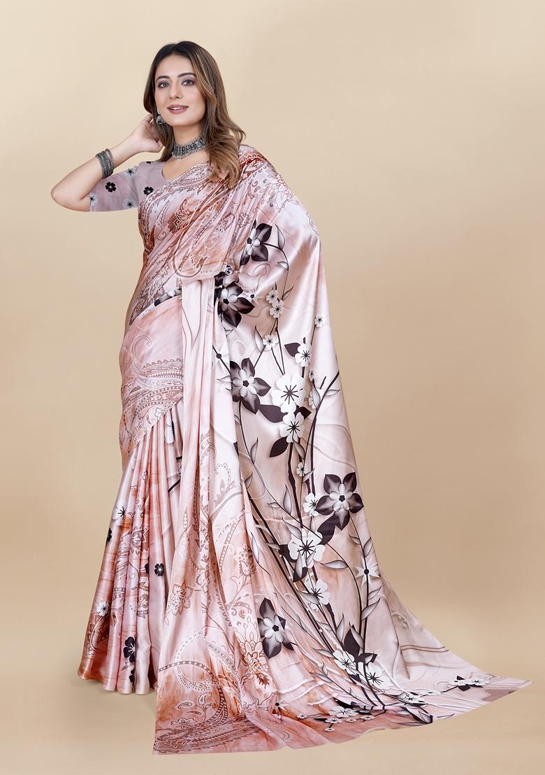 Golden Digital Print Japan Satin Saree Set