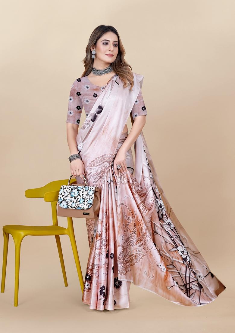Golden Digital Print Japan Satin Saree Set