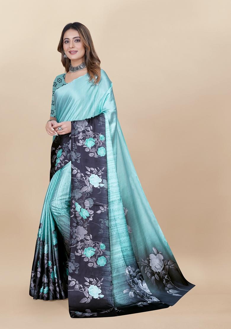 Golden Digital Print Japan Satin Saree Set