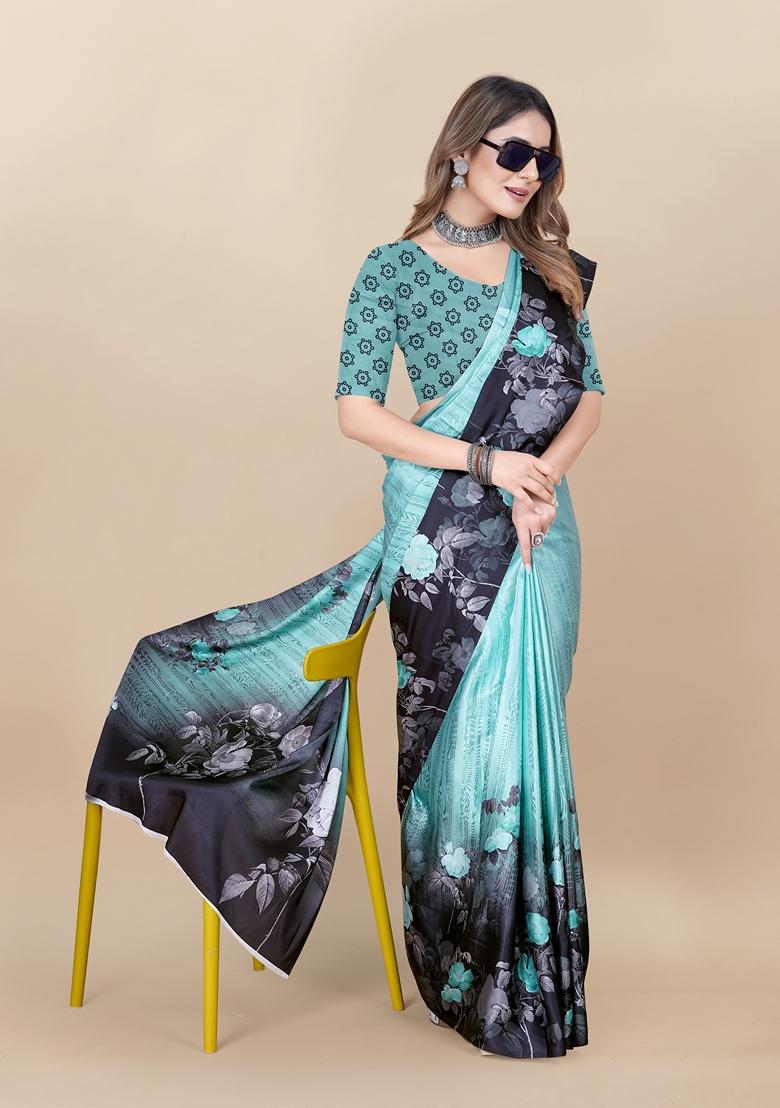 Golden Digital Print Japan Satin Saree Set