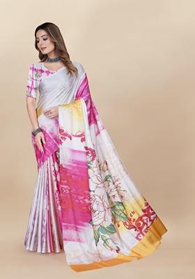 Golden Digital Print Japan Satin Saree Set