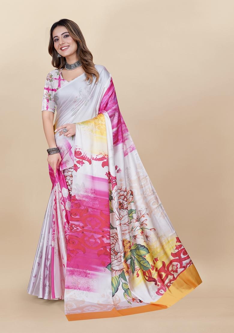 Golden Digital Print Japan Satin Saree Set