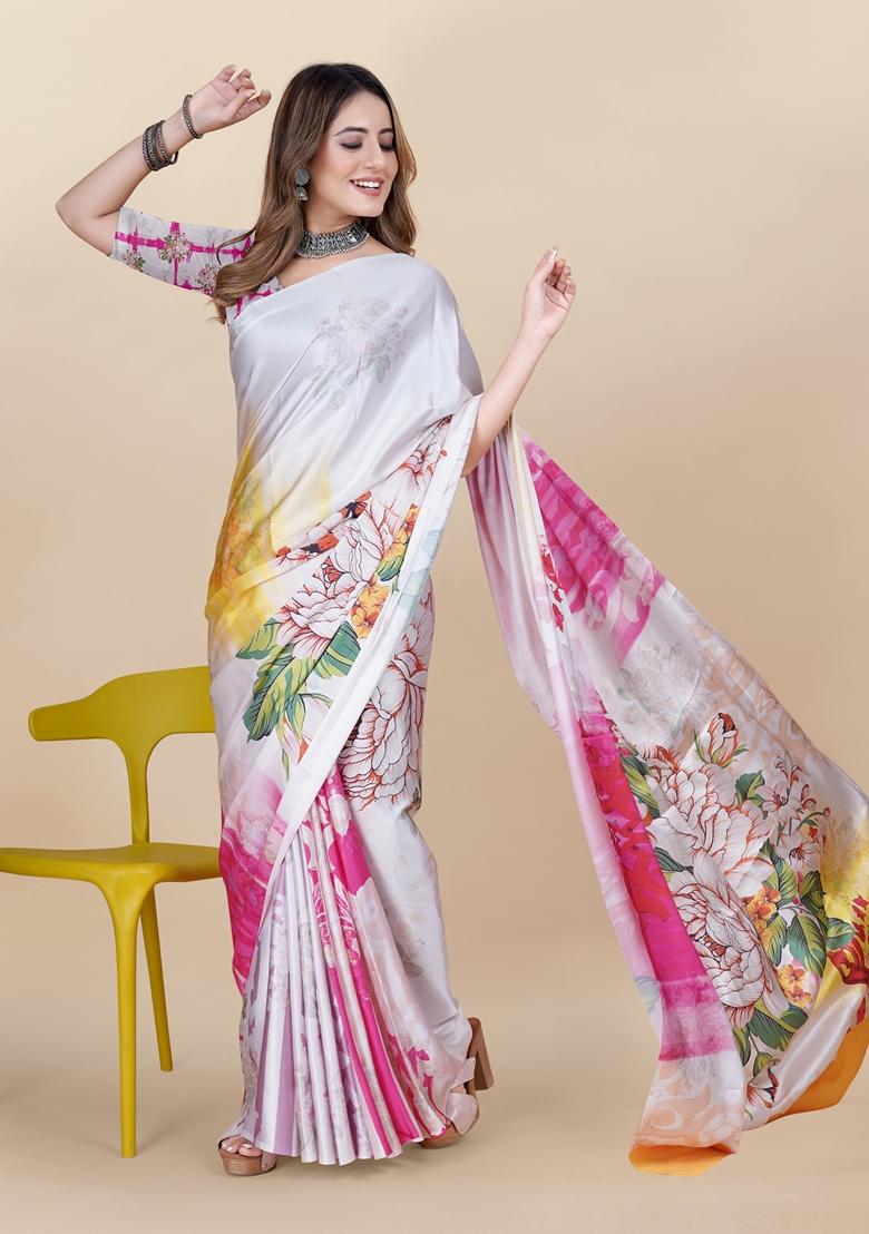 Golden Digital Print Japan Satin Saree Set