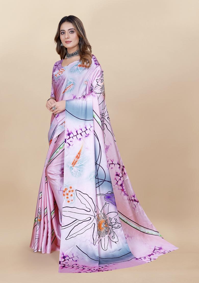 Golden Digital Print Japan Satin Saree Set
