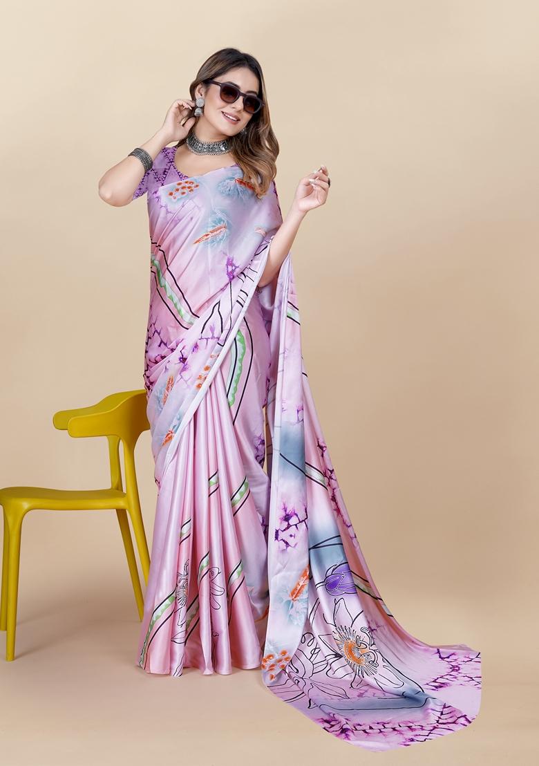 Golden Digital Print Japan Satin Saree Set