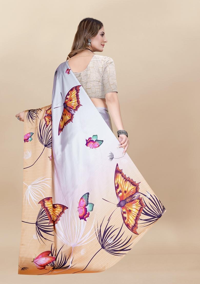 Golden Digital Print Japan Satin Saree Set