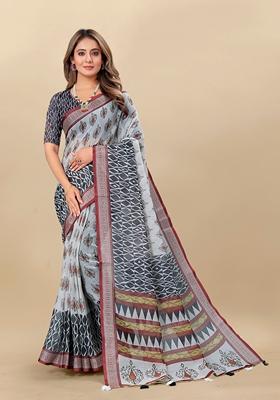 Golden Digital Print Linen Saree Set