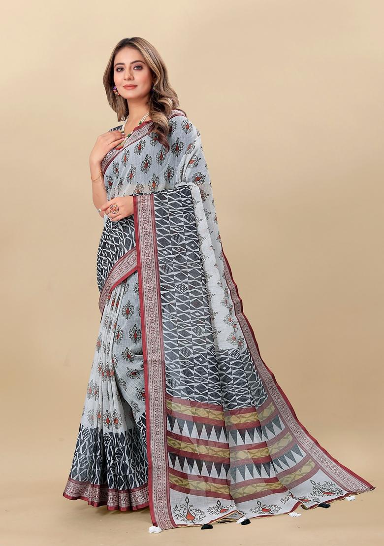 Golden Digital Print Linen Saree Set