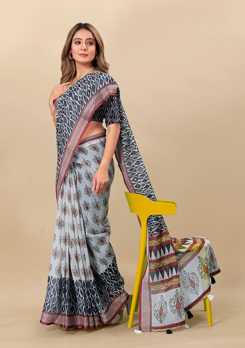 Golden Digital Print Linen Saree Set