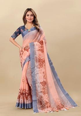 Golden Digital Print Linen Saree Set