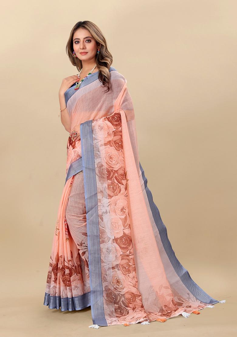 Golden Digital Print Linen Saree Set