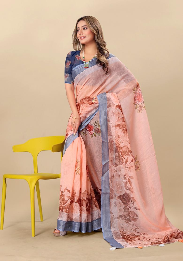 Golden Digital Print Linen Saree Set