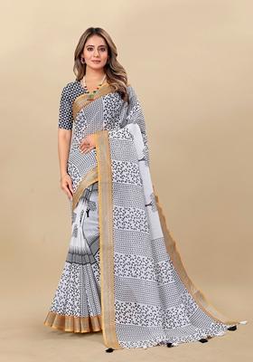 Golden Digital Print Linen Saree Set