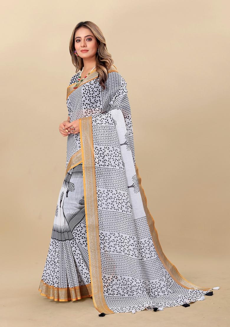 Golden Digital Print Linen Saree Set